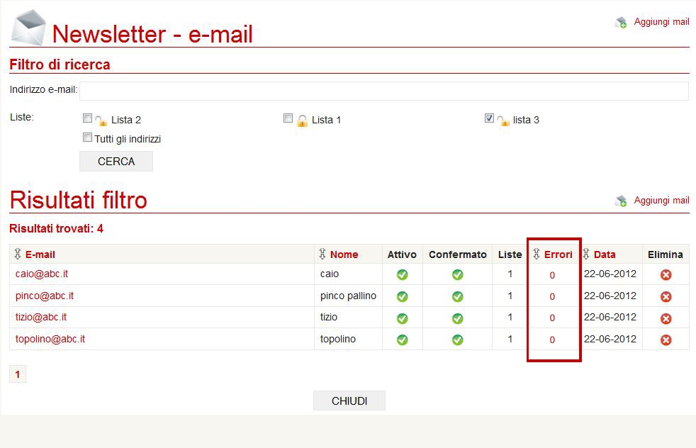 colonna errori per e-mail